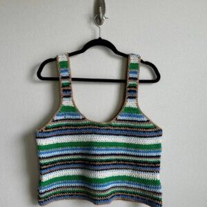 Frame Hand Crochet Tank Womens Large Green Blue White Brown Striped Knit Top
